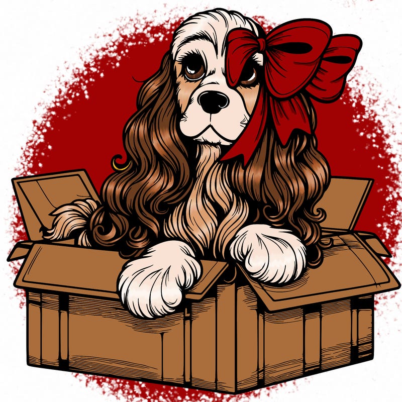 a spaniel american cocker with a beautiful bow coming out if a box realistic cute