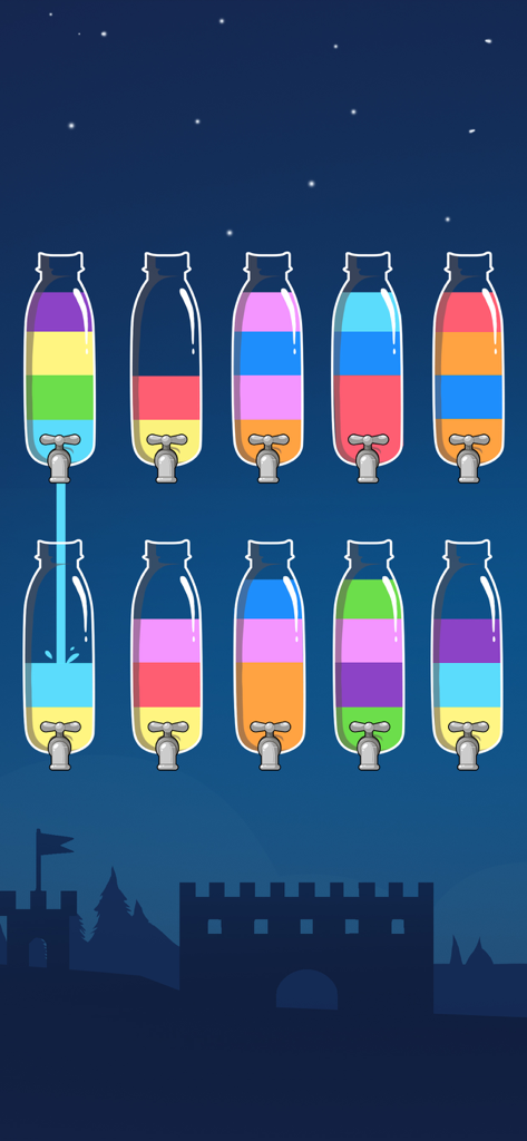Water Sort Puzzle - 夜の城の背景で、ボトル間で着色された液体が注がれている様子を示すWater Sort Puzzleのゲームプレイ画面