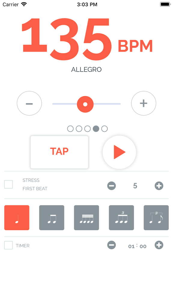 Metronome - Interface of the Metronome app showing 135 BPM Allegro tempo with tap and rhythmic settings