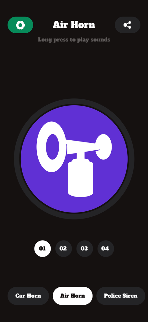 Horn Sounds - Car Horn & Siren - Air horn sound selection screen in the Horn Sounds app for pranks and events