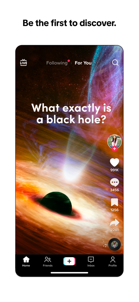 TikTok - Videos, Shop & LIVE - Interfaz de la aplicación TikTok que muestra un vídeo educativo sobre agujeros negros