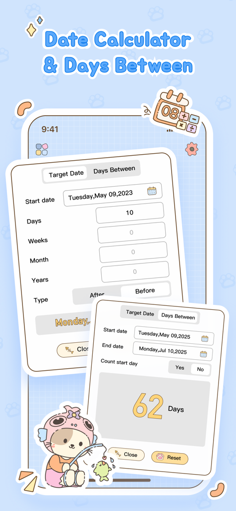 Date calculator and days between interface with a cute aesthetic design
