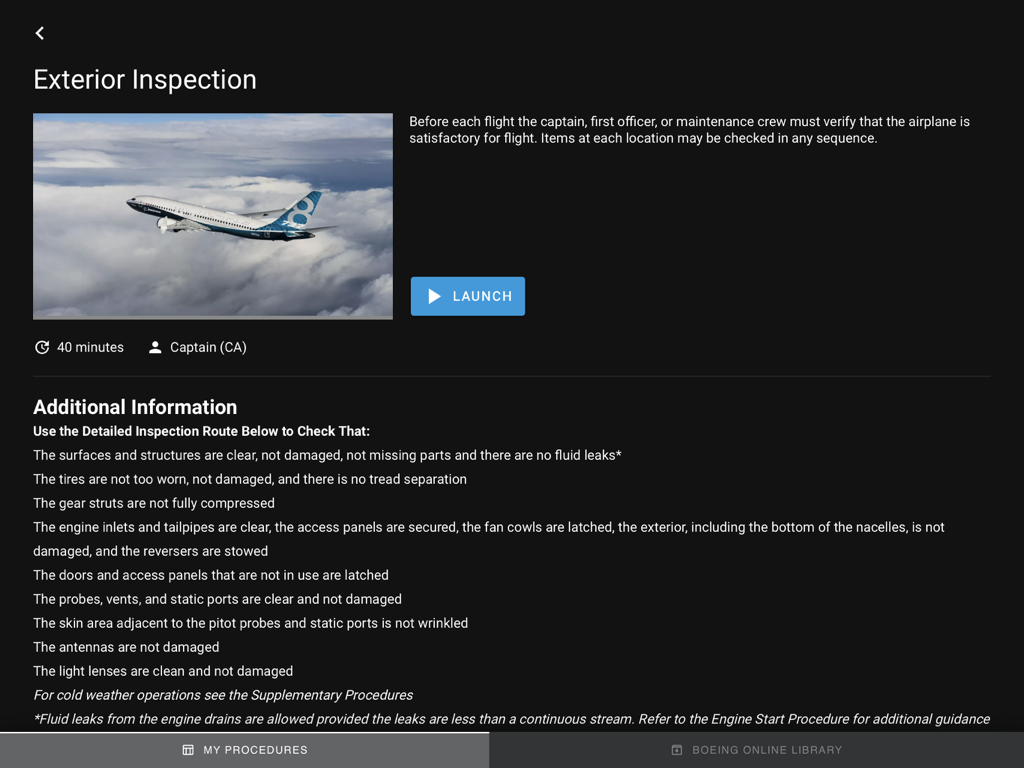 Bildschirm der Boeing Virtual Procedures Trainer App, der das Modul zur Außeninspektion für das 737 MAX Flugzeug zeigt.