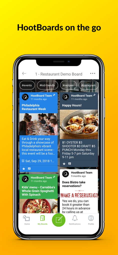 HootBoard - HootBoardモバイルアプリのインターフェース。レストランのイベントやコミュニティの投稿が表示されたデジタル掲示板が表示されています。