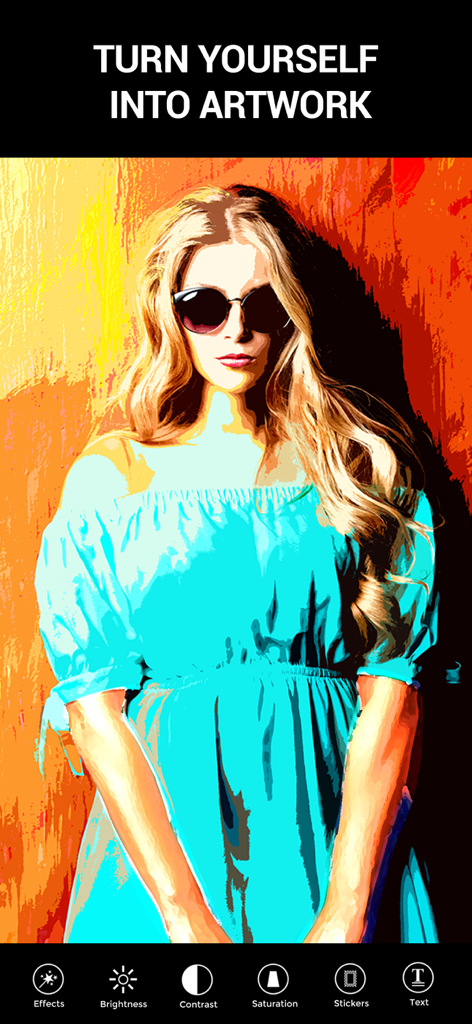 Photo To Cartoon Yourself Edit - Una mujer con un vestido azul y gafas de sol transformada en un pop art colorido de alto contraste usando una aplicación de filtro de caricatura.