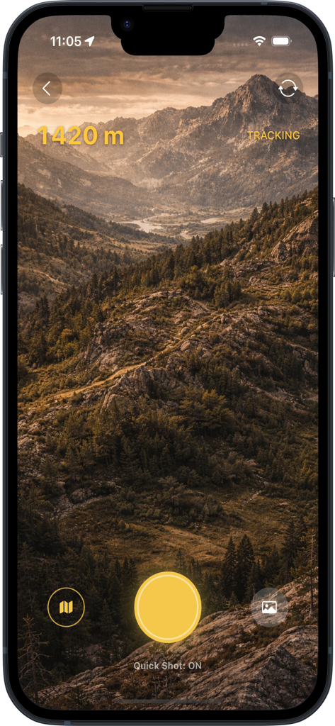 TrailSnap: Hike, Bike & Walk - TrailSnap app elevation camera showing a 1420 meter altitude overlay on a mountain landscape