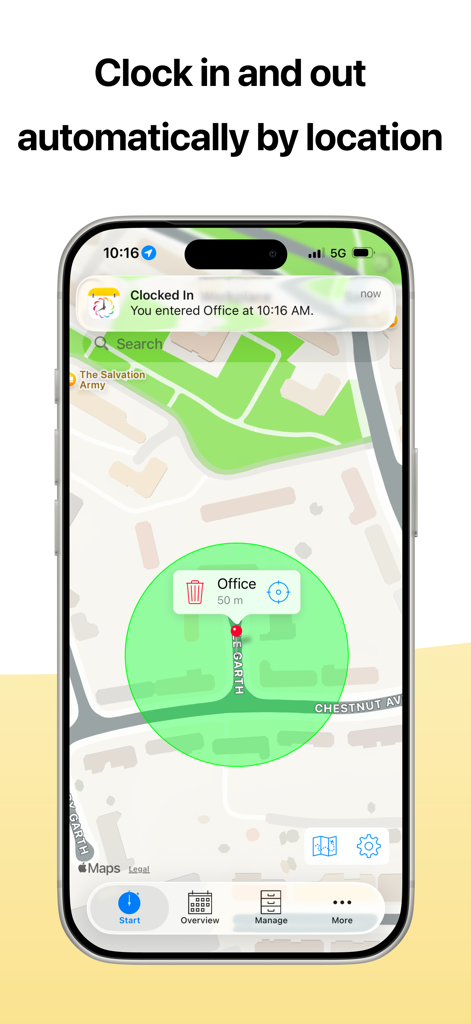 atWork Hours & Pay Tracker - Interfaccia dell'app atWork che mostra il clock in e out automatico utilizzando il geofencing della posizione su una mappa