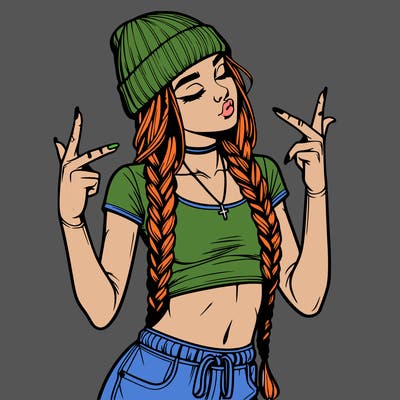 realistic teenage girl with braids and a beanie and crop top doing 🫶🏼