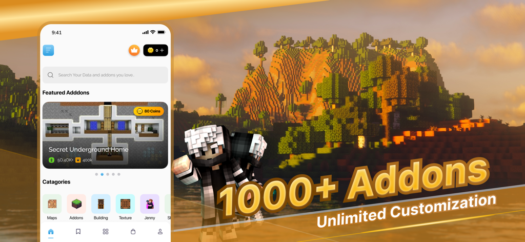 Imagen promocional para la app de mods de Minecraft PE que muestra la interfaz móvil y más de 1000 addons con personalización ilimitada