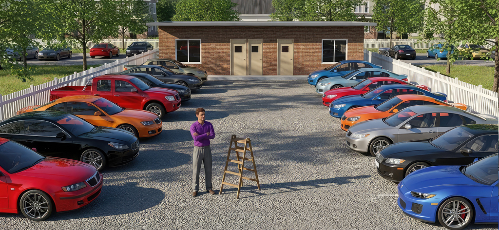 Car Dealership : Company Game - A character standing in a car dealership lot with a wide variety of colorful vehicles for sale