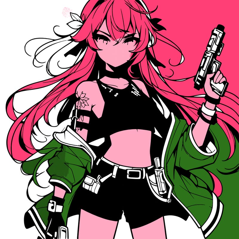 bad girl wearing crop top holding a gun long hair anime