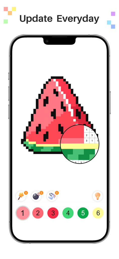 Pixel Color - Art By Numbers - A mobile app interface showing a pixel art watermelon slice being colored by numbers with a magnifying tool and color palette.