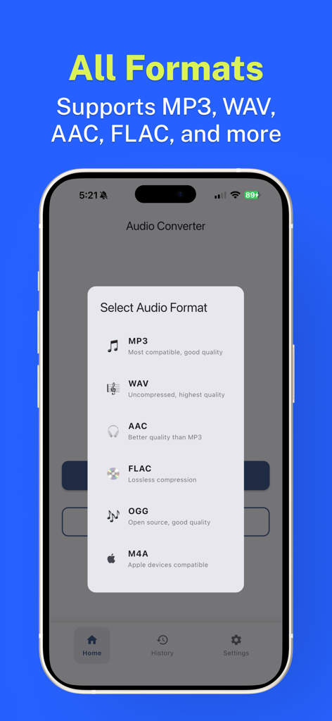 Interfaz de una aplicación móvil que muestra una lista de formatos de audio compatibles, incluidos MP3, WAV, AAC y FLAC.