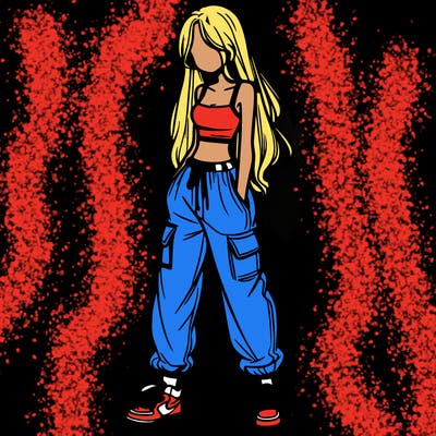 girl in baggy pants crop top and long hair