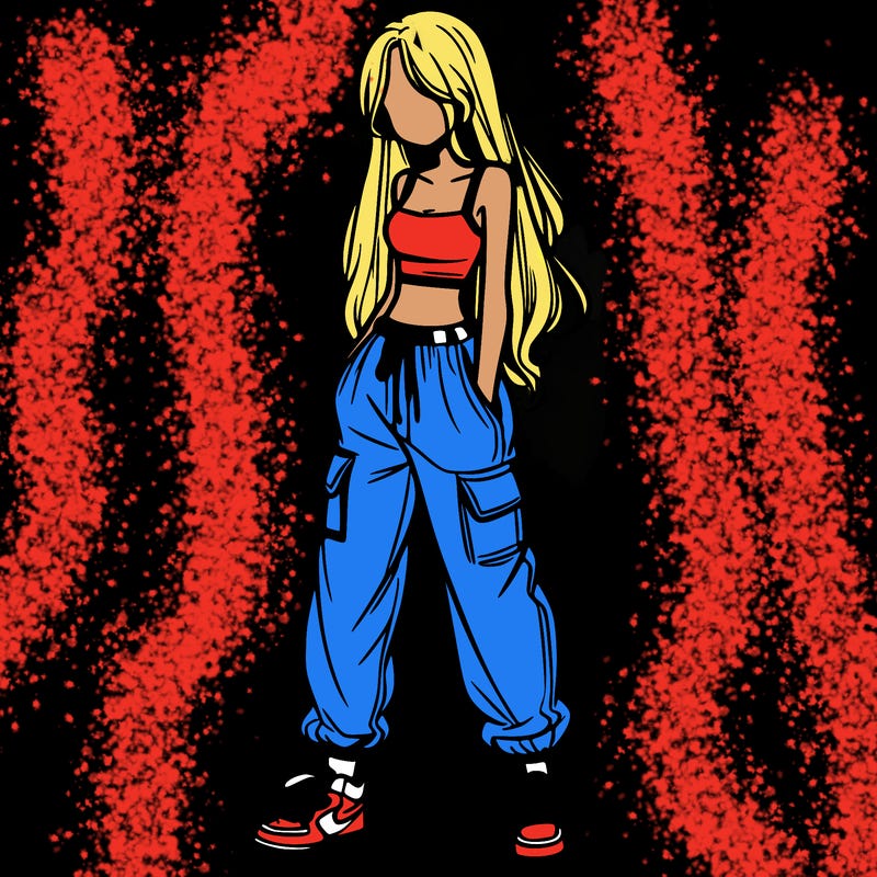 girl in baggy pants crop top and long hair