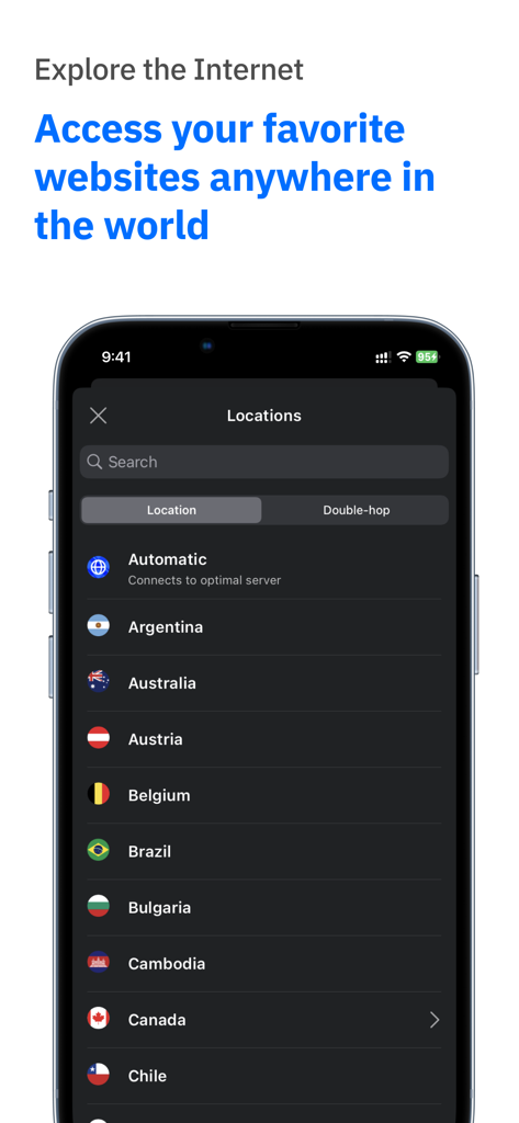 Bitdefender VPN: Fast & Secure - Bitdefender VPNアプリのインターフェース。カナダやオーストラリアなどの利用可能なグローバルサーバーのリストを表示