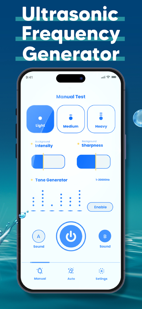 Interface of the Water Eject app showing manual test settings for ultrasonic frequency generation with intensity and sharpness sliders.