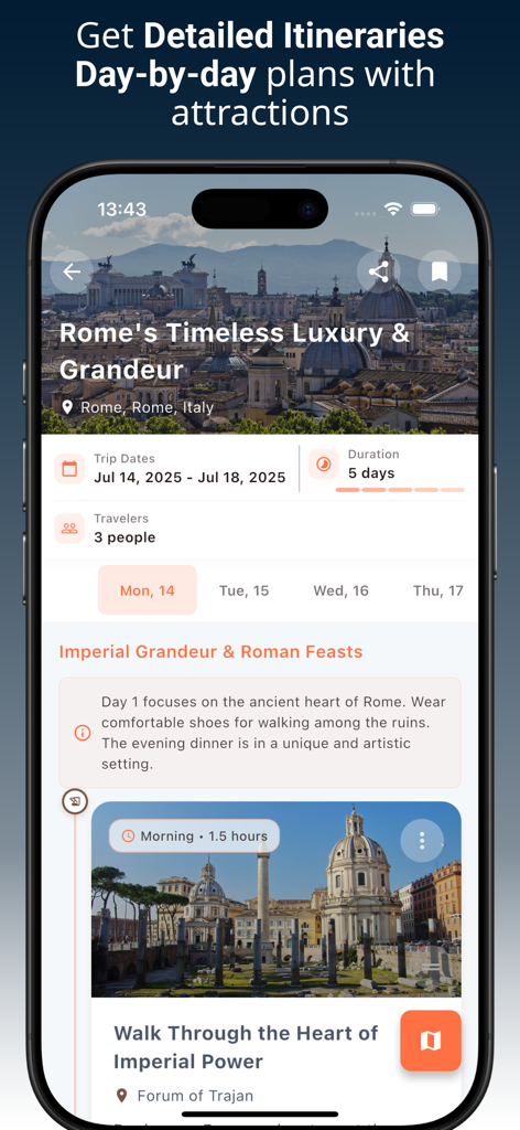 GoPlan - AI Travel Planner - Detailed daily travel itinerary for Rome in the GoPlan AI app showing attractions and trip details