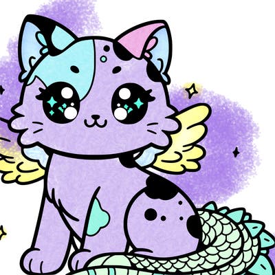 a cute calico cat that has wing and a cute dragon tail ￼