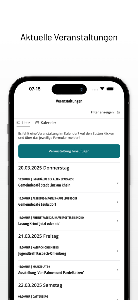 Tela do aplicativo móvel mostrando uma lista de eventos locais atuais e atividades comunitárias em Linz am Rhein