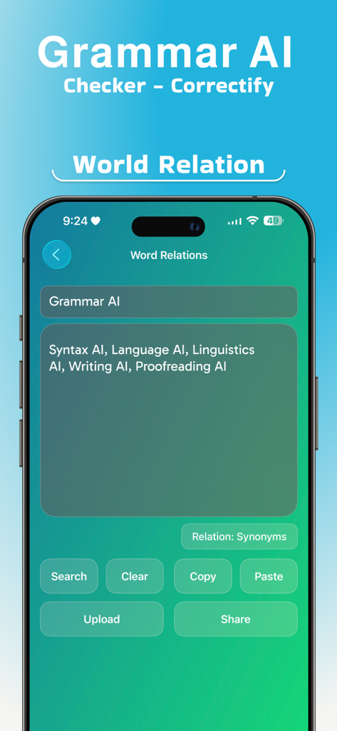 Grammar AI Checker-Correctify - Interfaz de la aplicación Correctify mostrando la función Relaciones de Palabras que proporciona sinónimos para Grammar AI.
