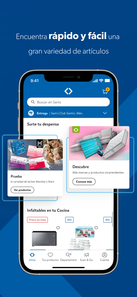 Sam's Club México - Mobiler Bildschirm der Sam's Club Mexiko App mit Produktkategorien wie Vorratsschränke und Küchengeräte mit einer Suchleiste und einem Navigationsmenü.
