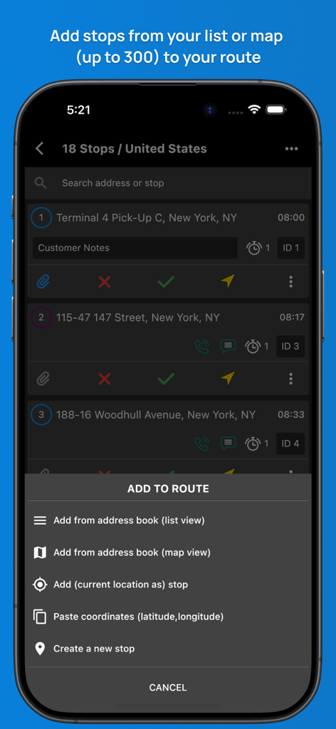 Routin Route Planner - Mobile app interface of Routin showing a menu to add multiple stops to a driving route including options for address book and coordinates