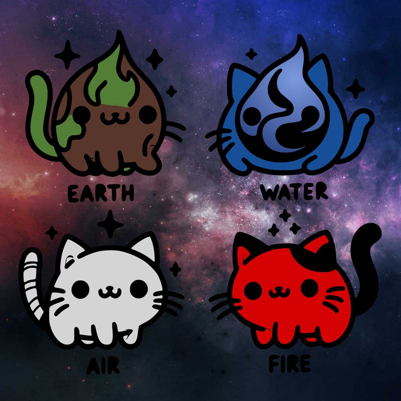 4 cats that represent the different elements, earth, water, air, and fire