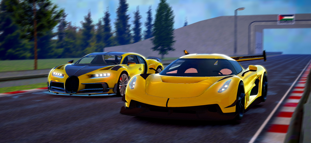 Caucasus Traffic Racer - Two yellow high-performance supercars racing on a scenic highway track with realistic graphics