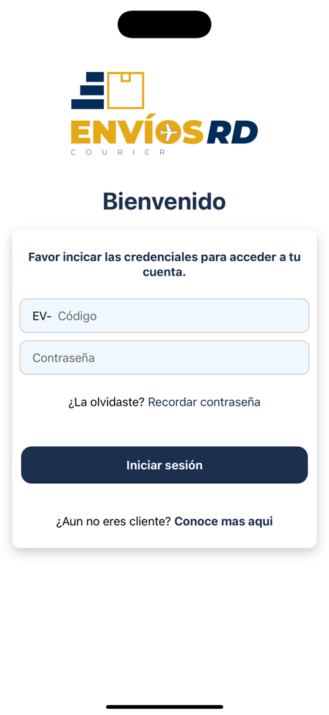 Login-Bildschirm der Envios RD Kurier-App mit Feldern für Benutzercode und Passwort