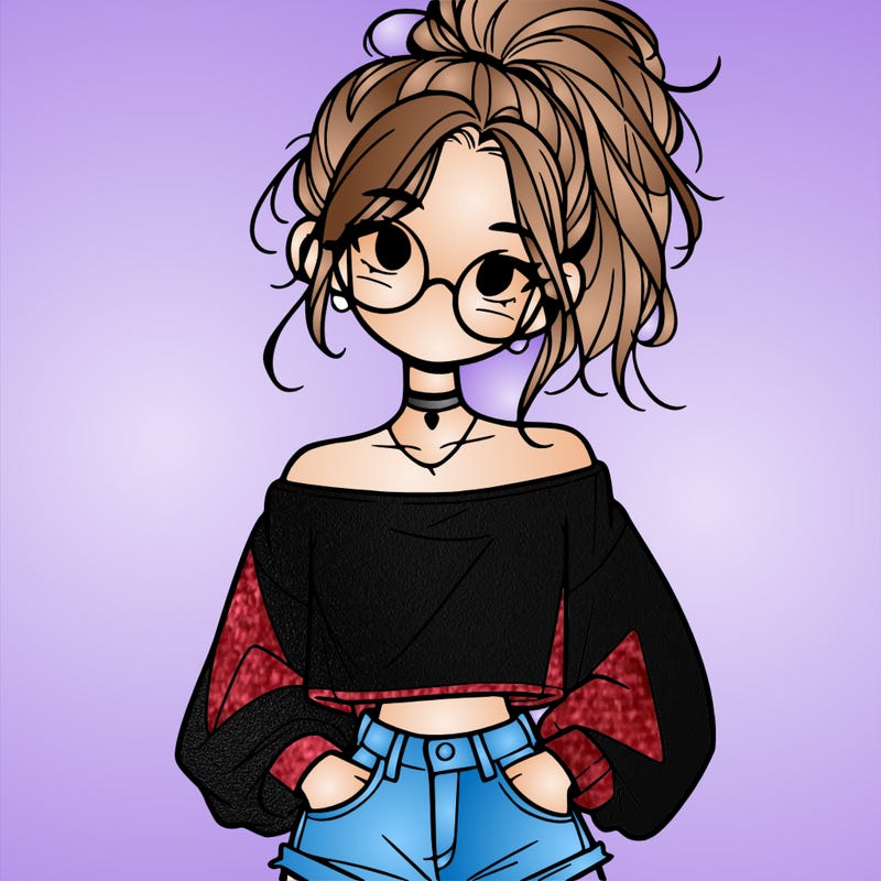 girl with a messy ponytail glasses a baggy crop top and jean shorts