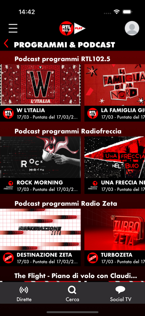 RTL 102.5 PLAY app screen showing the programs and podcasts section with various radio channels like Radiofreccia and Radio Zeta