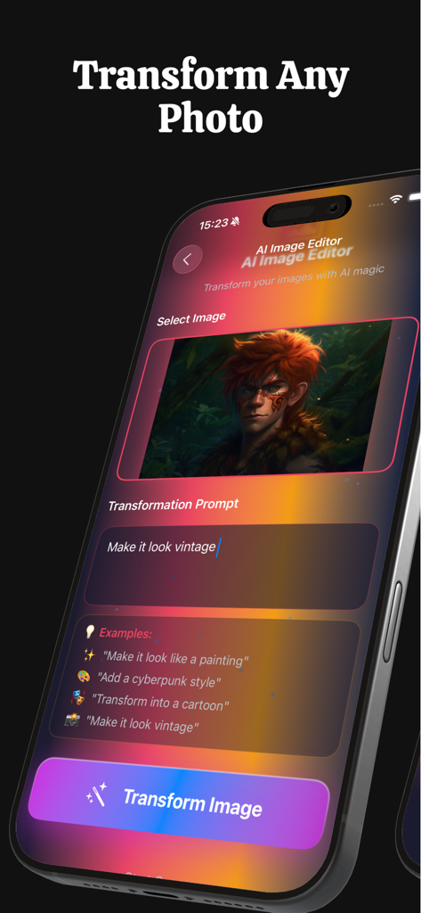 LMArena AI Mobile - Interface do aplicativo LMArena AI Mobile mostrando o recurso de editor de imagens com um prompt para transformar uma foto.