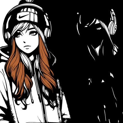 realistic girl wearing headphones, a hoodie, a beanie, and nikes