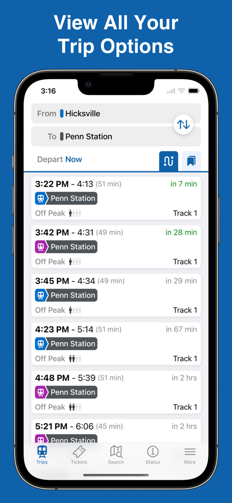 MTA TrainTime - MTA TrainTime app interface showing a list of upcoming train schedules and trip options from Hicksville to Penn Station