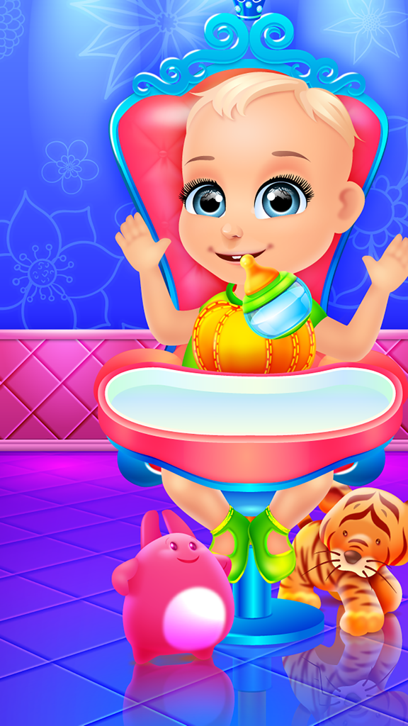 Cinderella's Life Story - Fairy Tale & Girls Games - Baby Cinderella sitting in a colorful high chair holding a baby bottle with a pink bunny and tiger toy nearby