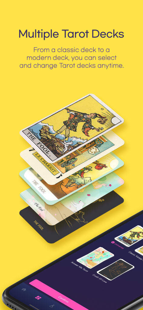 Answer Me Tarot Card Reading - Múltiplos estilos de baralhos de tarot disponíveis no aplicativo Answer Me Tarot.