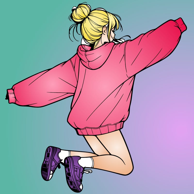 realistic girl jumping with a bun and oversized sweatshirt