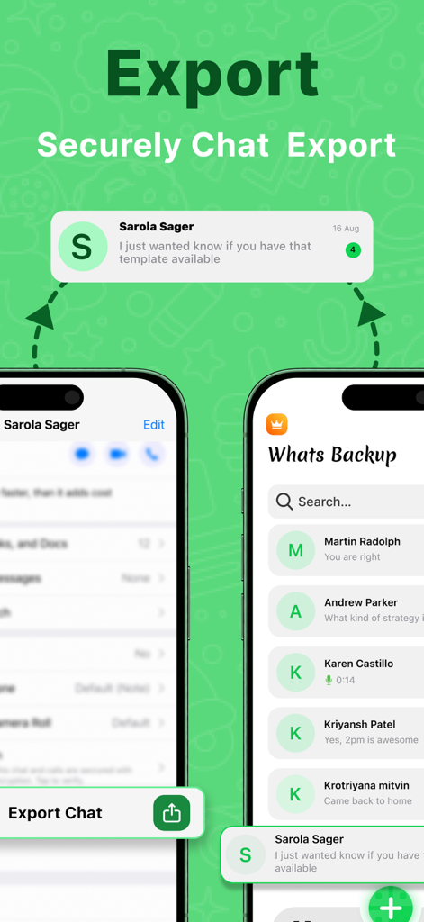 Recover Deleted Message Chat - Interface showing secure chat export and backup features within the Recover Deleted Message app.