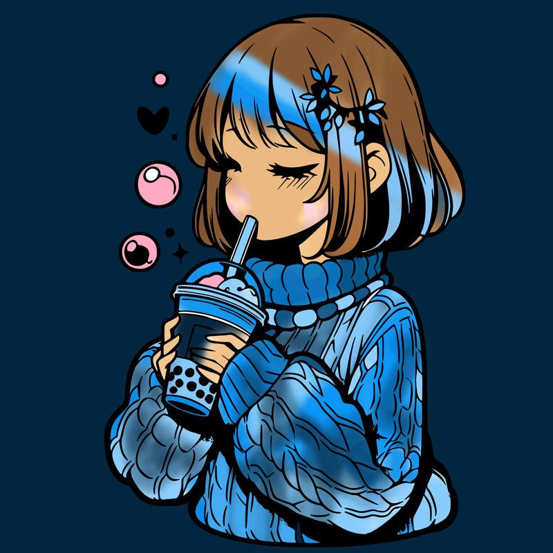 manga girl drinking boba in cozy sweater