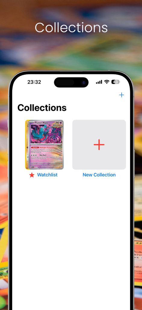 Poké: TCG Scanner for Pokemon - Interface of the app showing custom collections and card watchlist for pokemon collectors