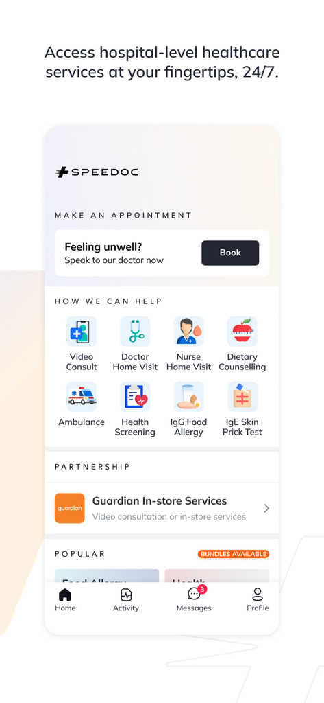Speedoc: Virtual Hospital - Pantalla de inicio de la aplicación Speedoc que muestra servicios médicos bajo demanda como consultas por video y visitas médicas a domicilio