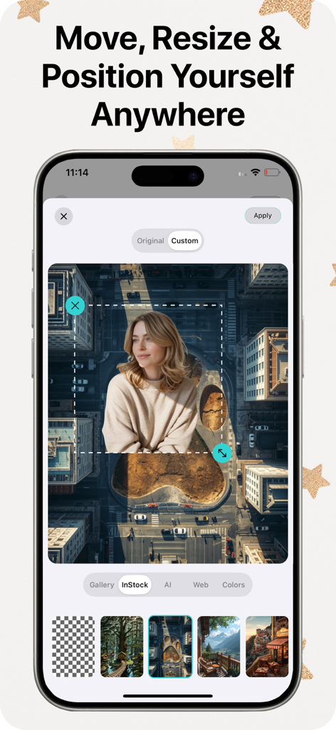 Video Background Changer - App interface demonstrating how to move, resize, and position a person over a new video background