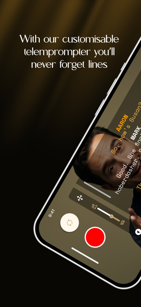 Acting pal: Learn lines - iPhone screen showing the Acting Pal app teleprompter feature with script lines overlaid on a video recording interface