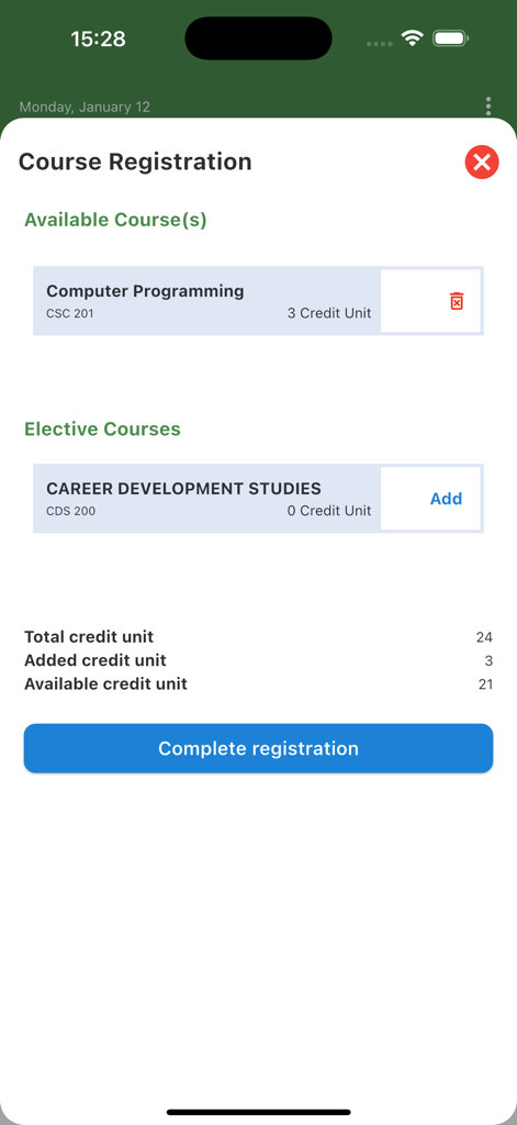 COOU Portal - COOU Portal mobile app interface for student course registration and credit unit management.