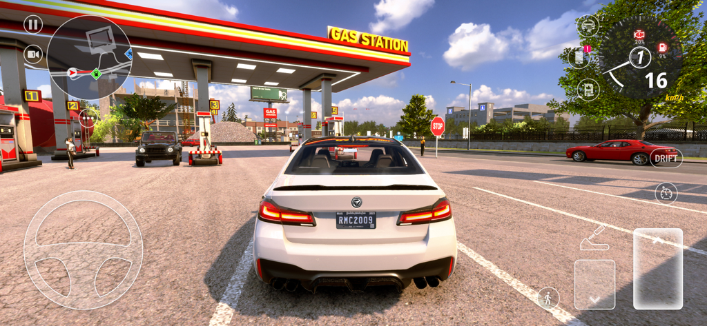 A white sedan at a gas station in a realistic car driving simulation game.