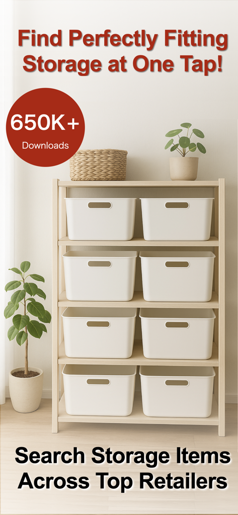 Fitable: Storage Box Finder - Fitableアプリで見つけた、白い収納ボックスがきちんと整理された木製の棚