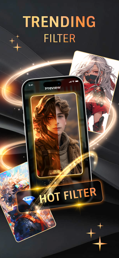 Mobile app interface displaying trending cartoon and anime transformation filters