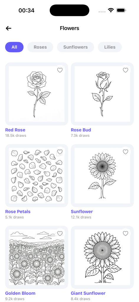 AR Drawing: Trace & Sketch - AR描画アプリの、バラやひまわりなどの花の描画テンプレートのギャラリー。トレース用。