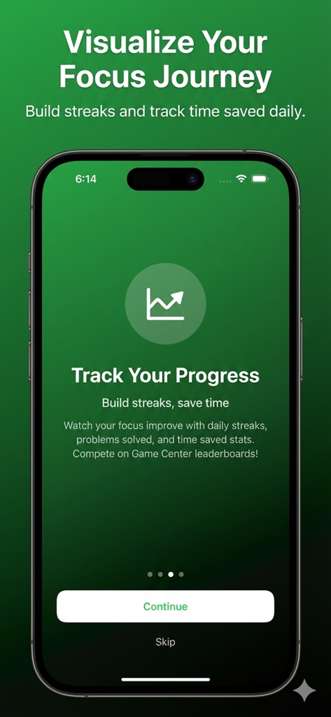 BrainGate: Focus Math Blocker - Interfaz de la aplicación BrainGate para rastrear rachas de concentración y tiempo ahorrado